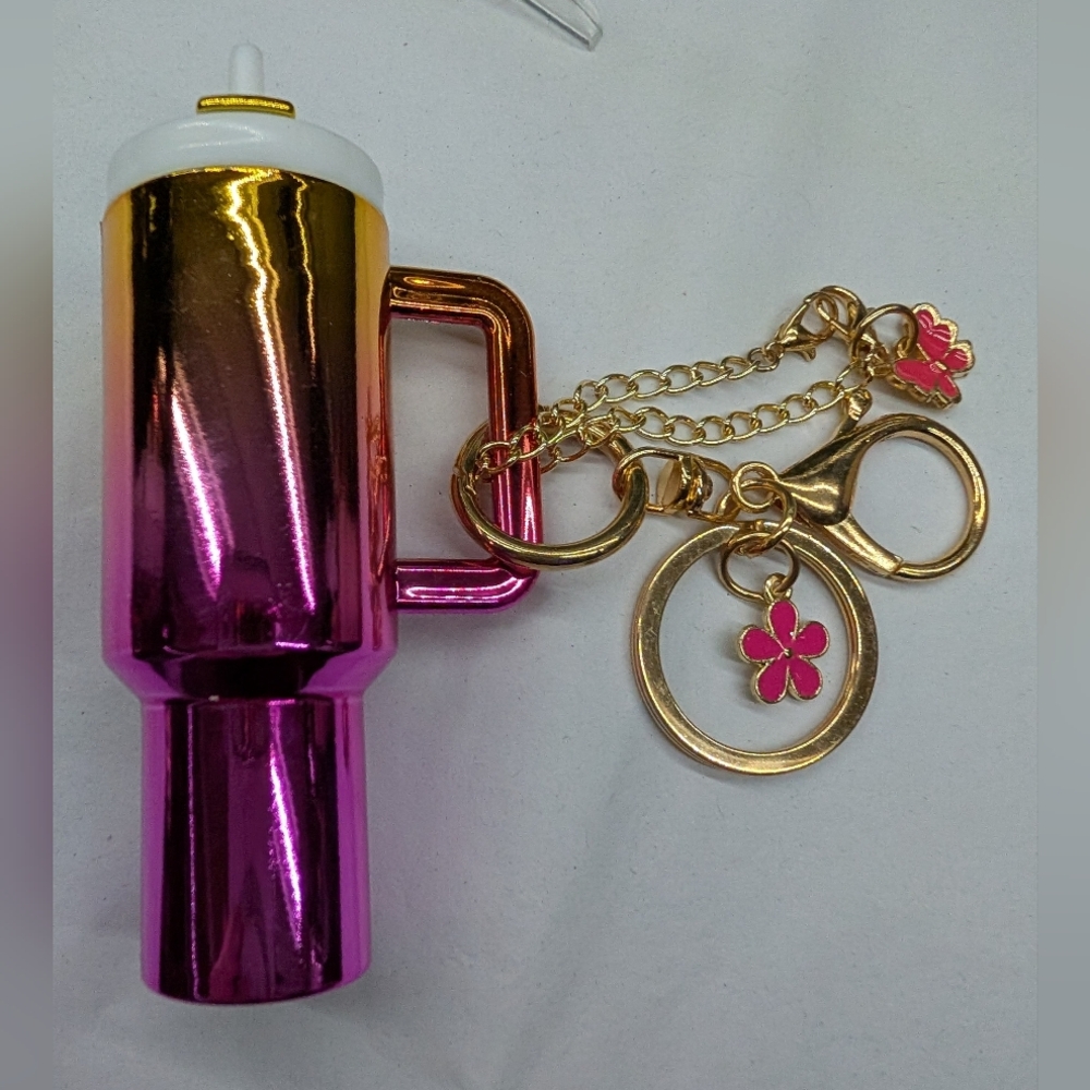 Pink and Gold Cup Bagcharm/Keychain with Flower & Butterfly Charm Fits A Chapsti